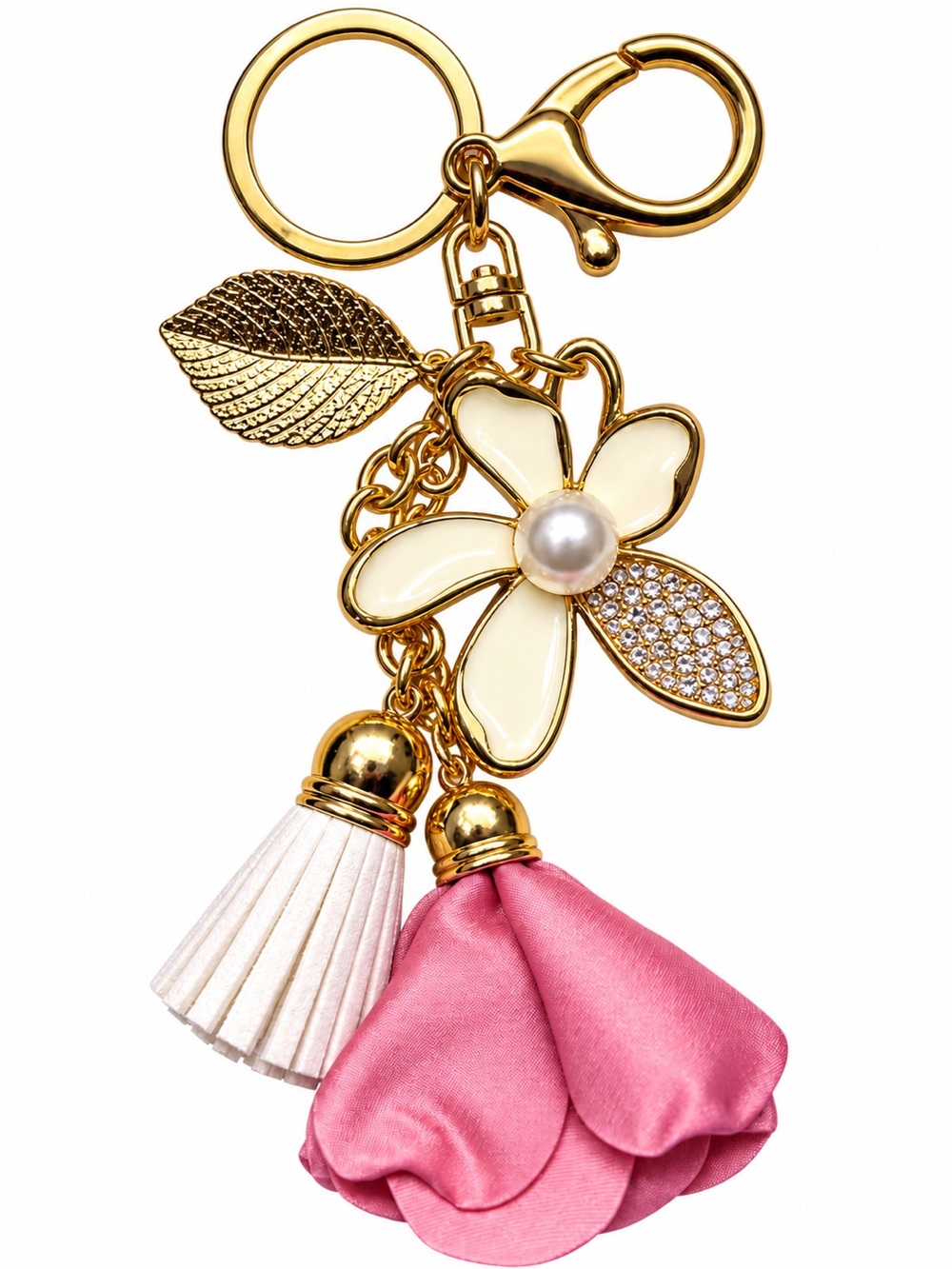 Gold Floral Tassel Keyring with Pink and Cream Accents